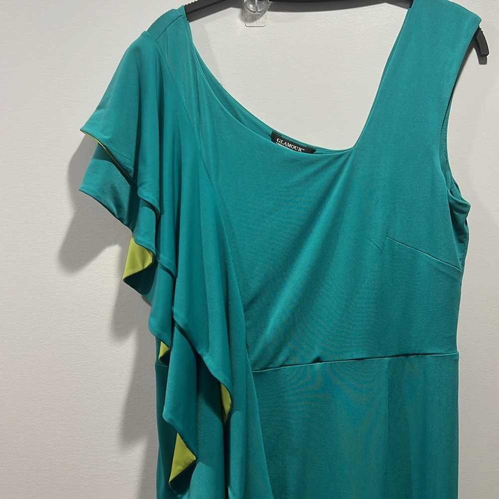 Glamour teal dress with ruffle shoulder